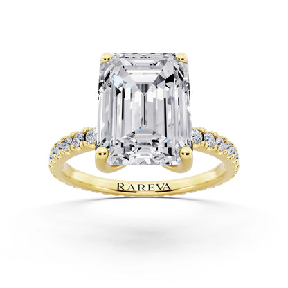 14 KT Yellow Gold Emerald Cut Diamond Solitaire Ring with Pave Eternity Band - front view