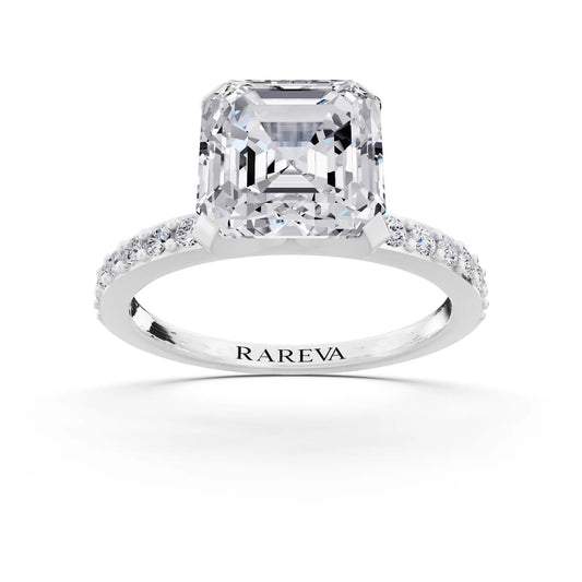 18 KT White Gold Asscher Cut Diamond Solitaire Ring with Pave Shank - front view