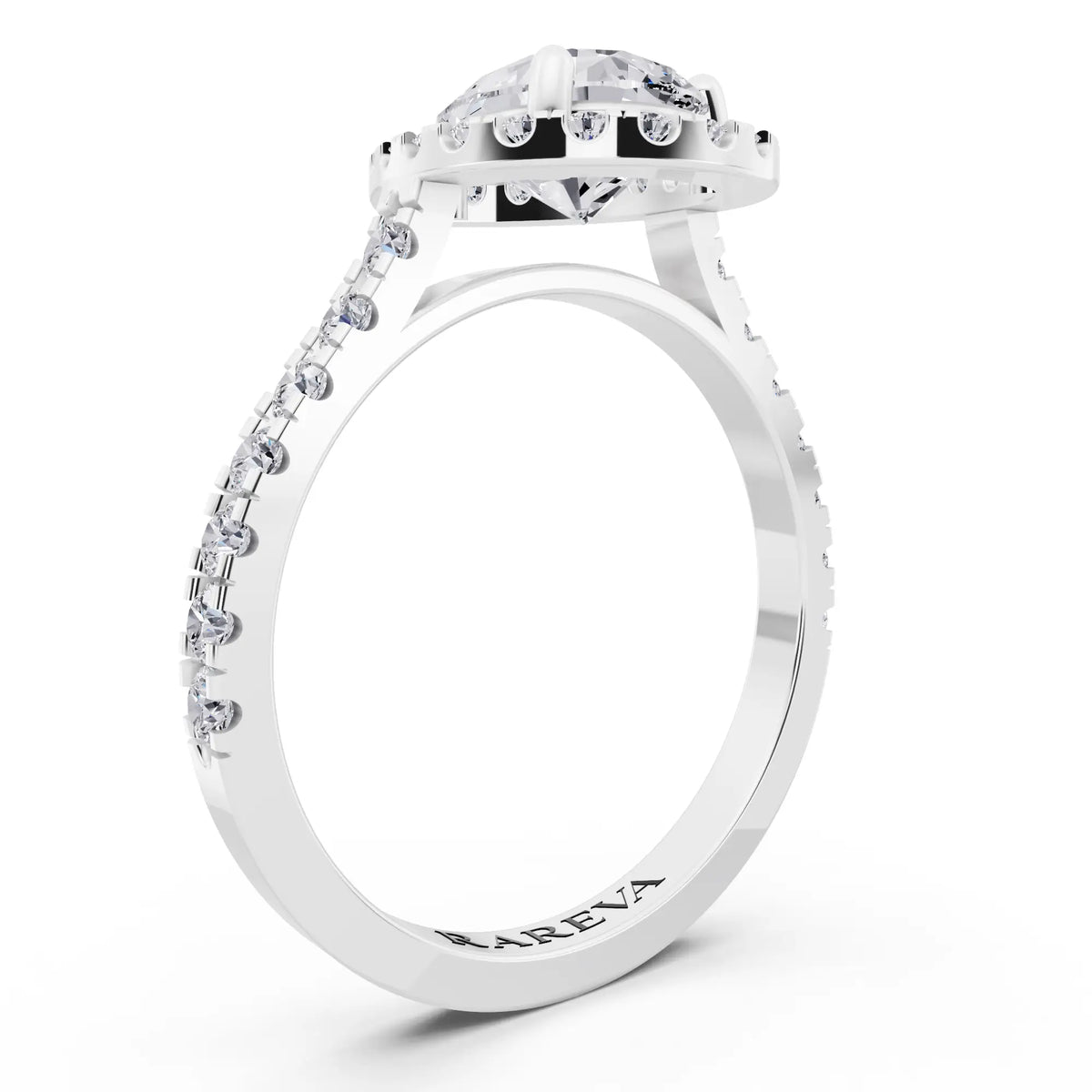 14 KT White Gold Pear Cut Diamond Halo Ring with Pave Band - Top view