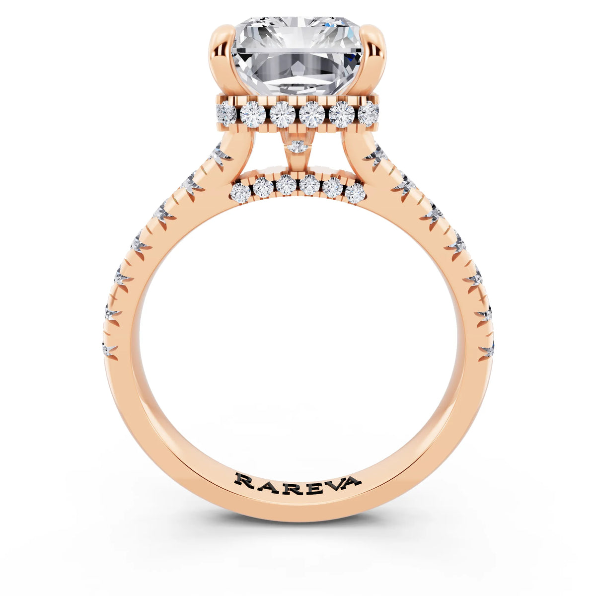 18 KT Rose Gold Radiant Cut Diamond Ring with Hidden Halo - through finger
