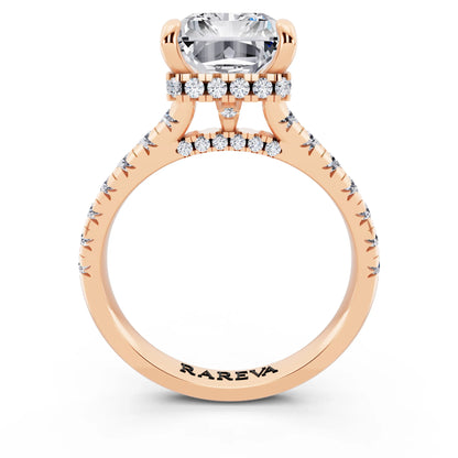 18 KT Rose Gold Radiant Cut Diamond Ring with Hidden Halo - through finger