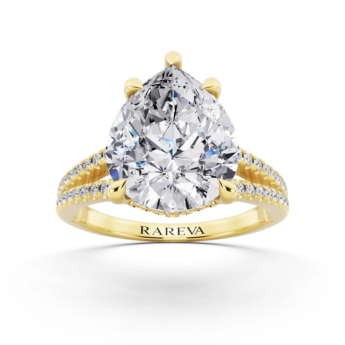14 KT Yellow Gold Pear Cut Diamond Ring with Pavé Split Shank - front view