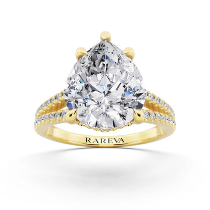 14 KT Yellow Gold Pear Cut Diamond Ring with Pavé Split Shank - front view