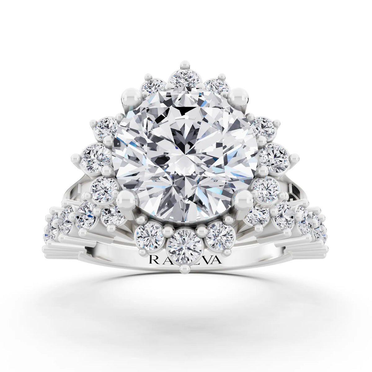 14 KT White Gold Round Cut Diamond Sunburst Halo Ring with Graduated Band - Front