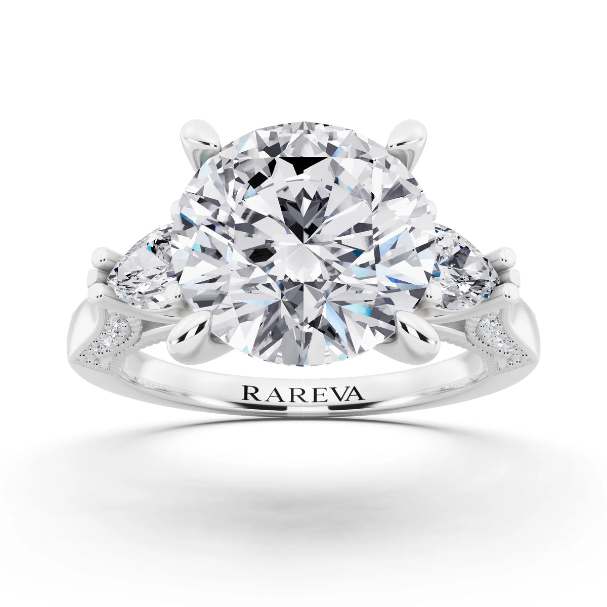 18 KT White Gold Round Cut Diamond Three Stone Pear Accent Vintage Pave Ring - front view