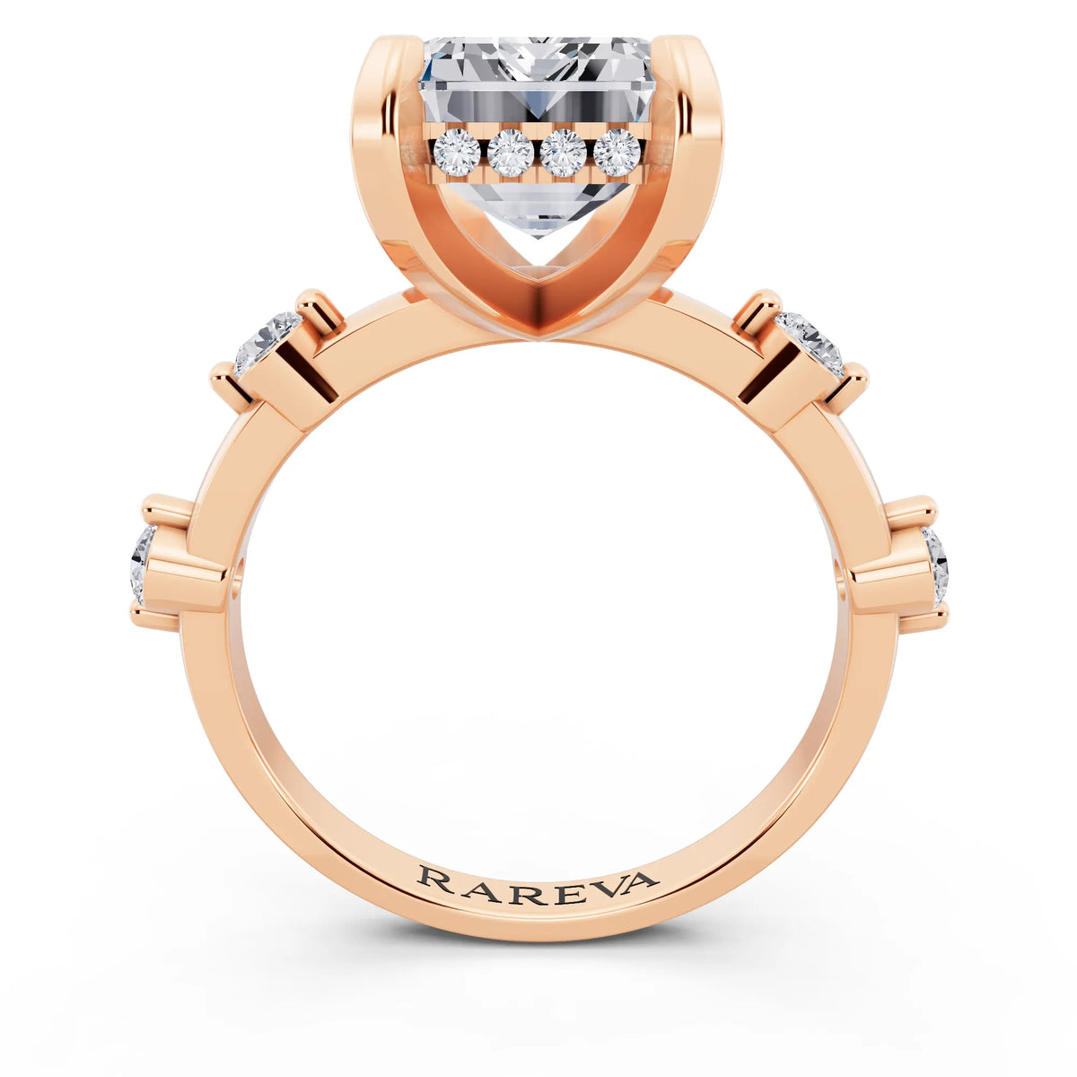 18 KT Rose Gold Emerald Cut Diamond Solitaire Ring with Floating Diamond Accents - through finger
