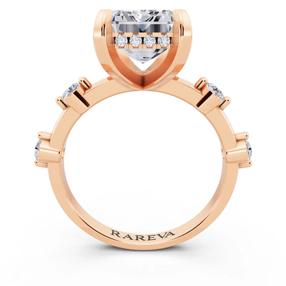 18 KT Rose Gold Emerald Cut Diamond Solitaire Ring with Floating Diamond Accents - through finger