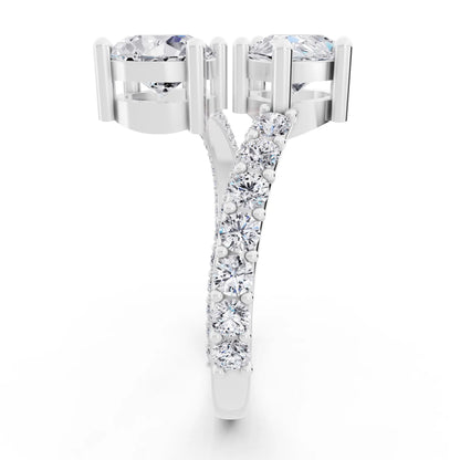 14 KT White Gold Pear Cut Diamond Two Stone Ring with Pave Band - Side view