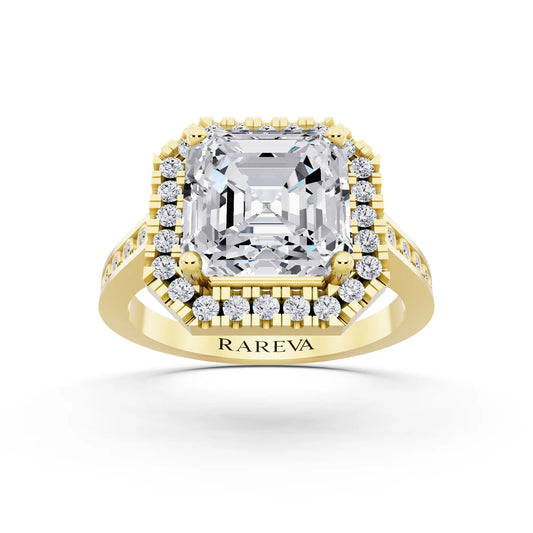 18 KT Yellow Gold Asscher Cut Diamond Halo Ring with Bezel Accent Band - front view