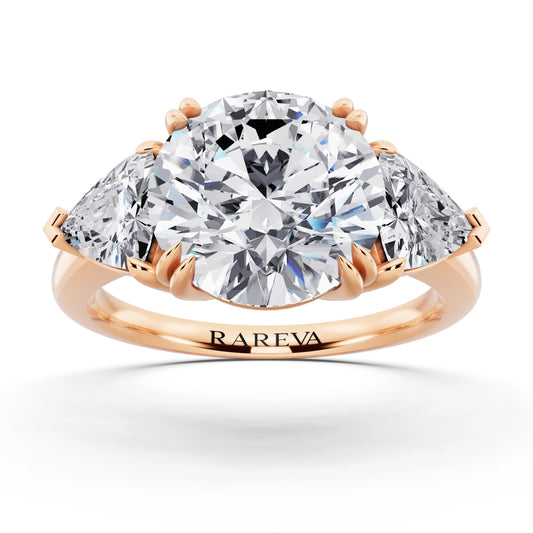 18 KT Rose Gold Round Cut Diamond Three Stone Ring with Trillion Accents - front view