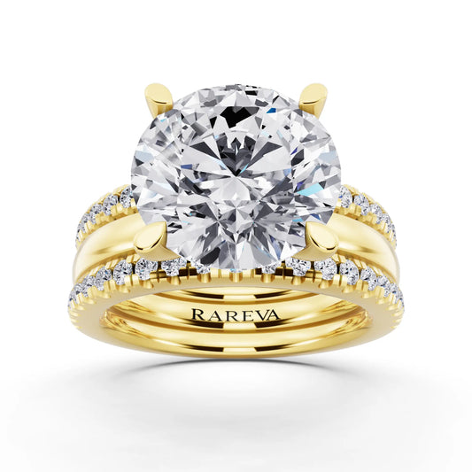 18 KT Yellow Gold Round Cut Diamond Solitaire Twin Pave Band Stack Ring - front view