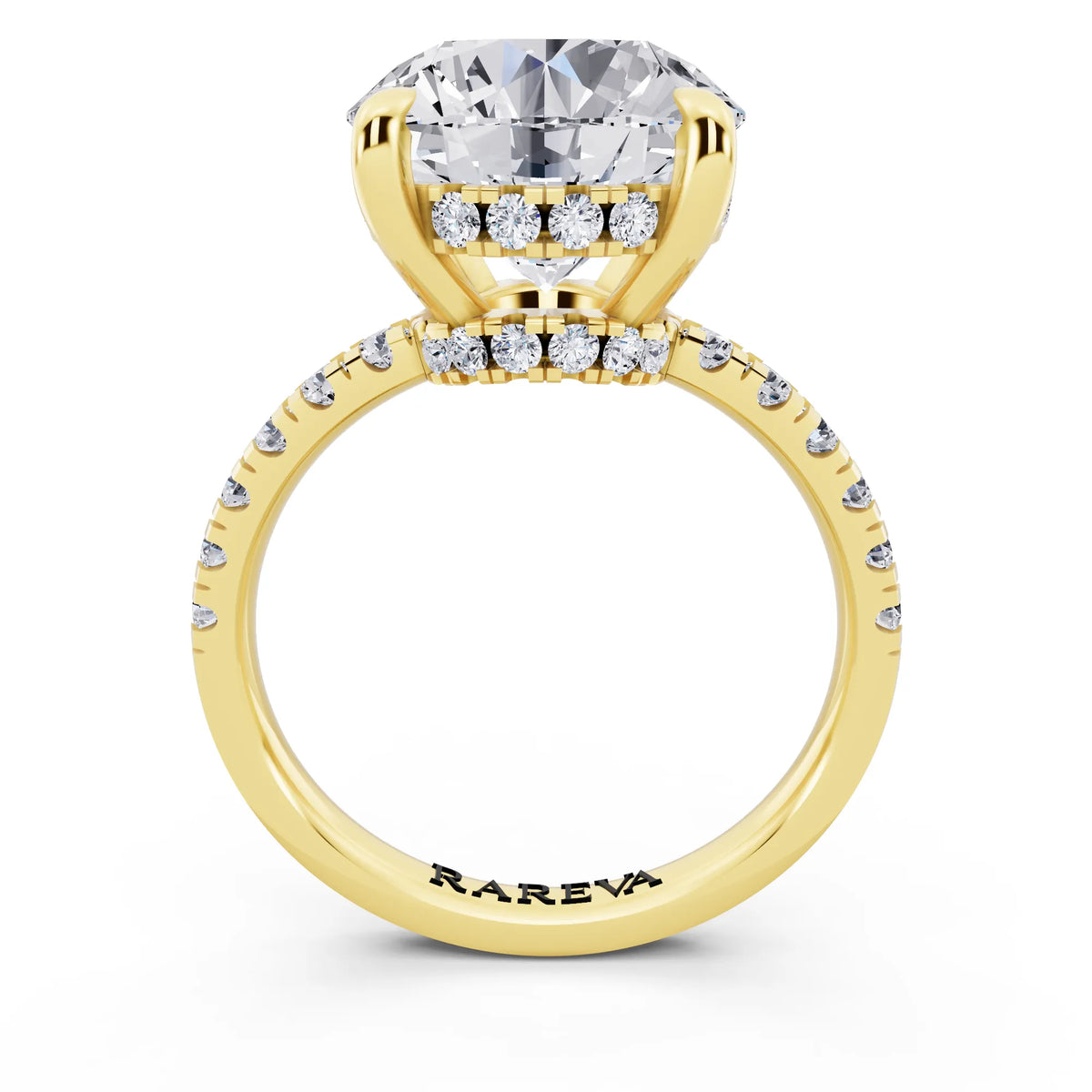 18 KT Yellow Gold Round Cut Diamond Hidden Halo Tiger Prong Pave Band Ring - through finger