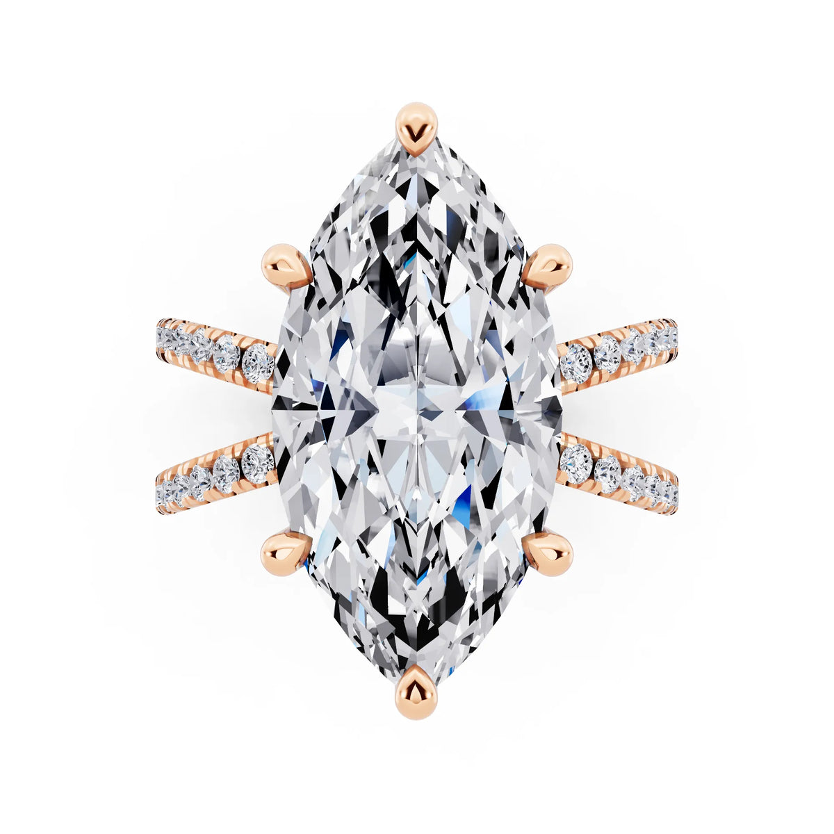 14 KT Rose Gold Marquise Cut Diamond Ring with Twisted Split Shank - top angle
