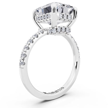 18 KT White Gold Emerald Cut Diamond Hidden Halo Tiger Prong Pave Band Ring - top view