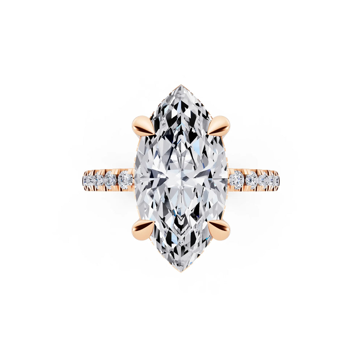 18 KT Rose Gold Marquise Cut Diamond Solitaire Ring with Round Pavé Band and Prong Setting - top angle