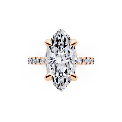 18 KT Rose Gold Marquise Cut Diamond Solitaire Ring with Round Pavé Band and Prong Setting - top angle