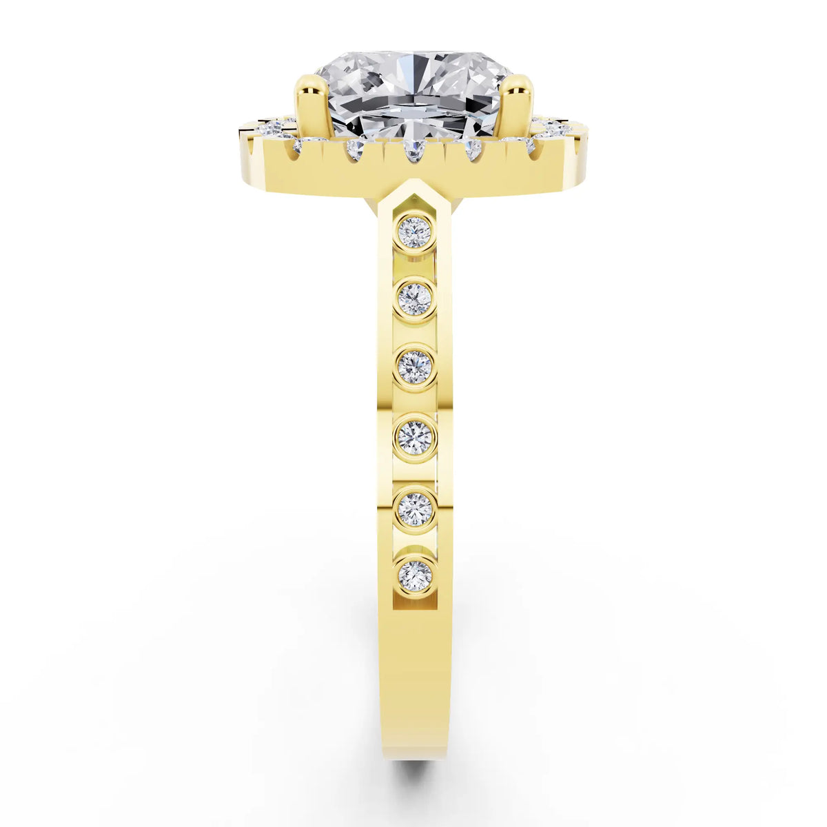 18 KT Yellow Gold Cushion Cut Diamond Halo Ring with Bezel Accent Band - side view