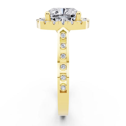 18 KT Yellow Gold Cushion Cut Diamond Halo Ring with Bezel Accent Band - side view