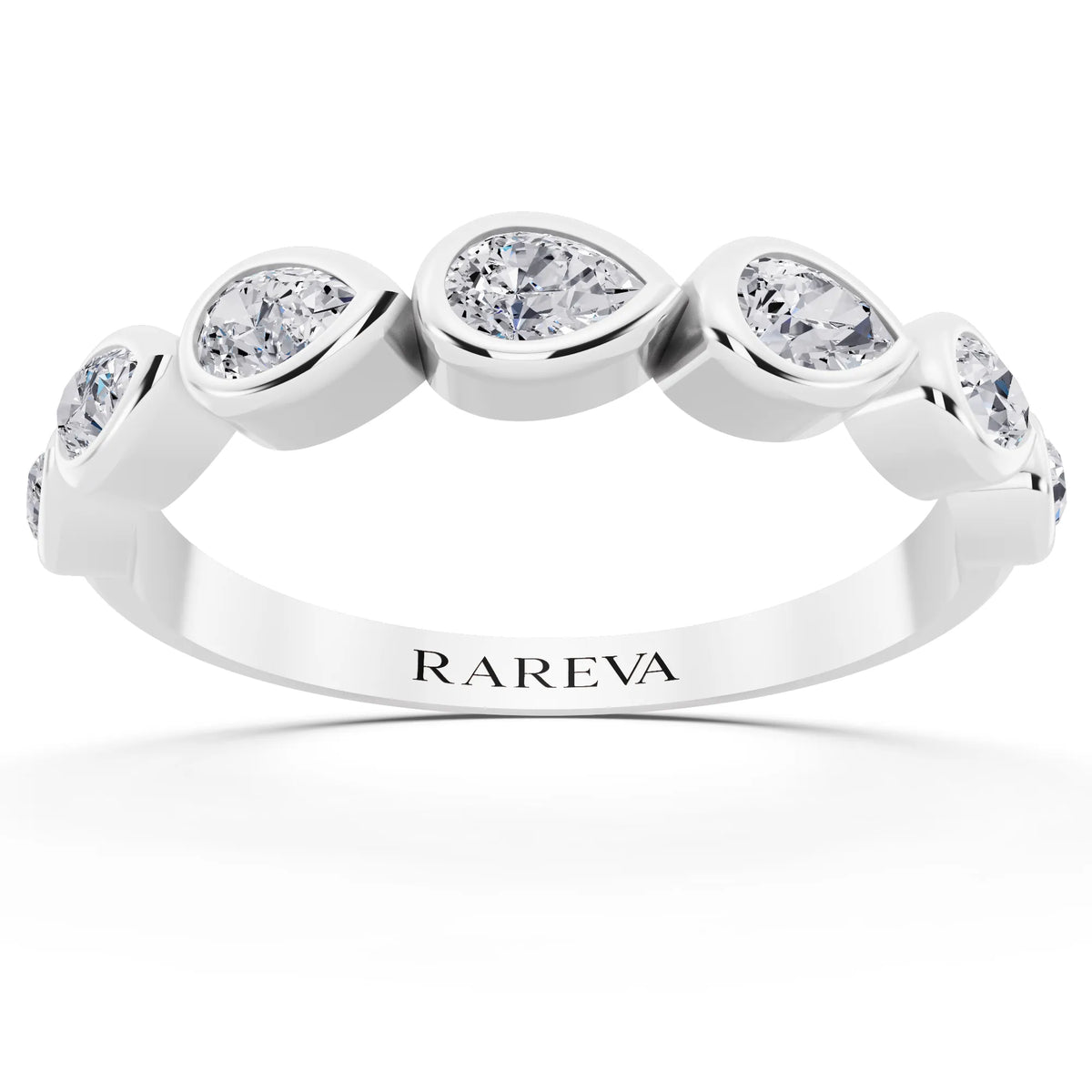 14K White Gold Seven Stone Pear Cut Bezel Set Diamond Half Eternity Wedding Band - 2mm - Front
