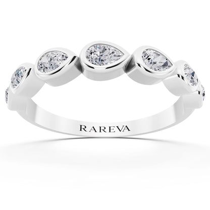14K White Gold Seven Stone Pear Cut Bezel Set Diamond Half Eternity Wedding Band - 2mm - Front