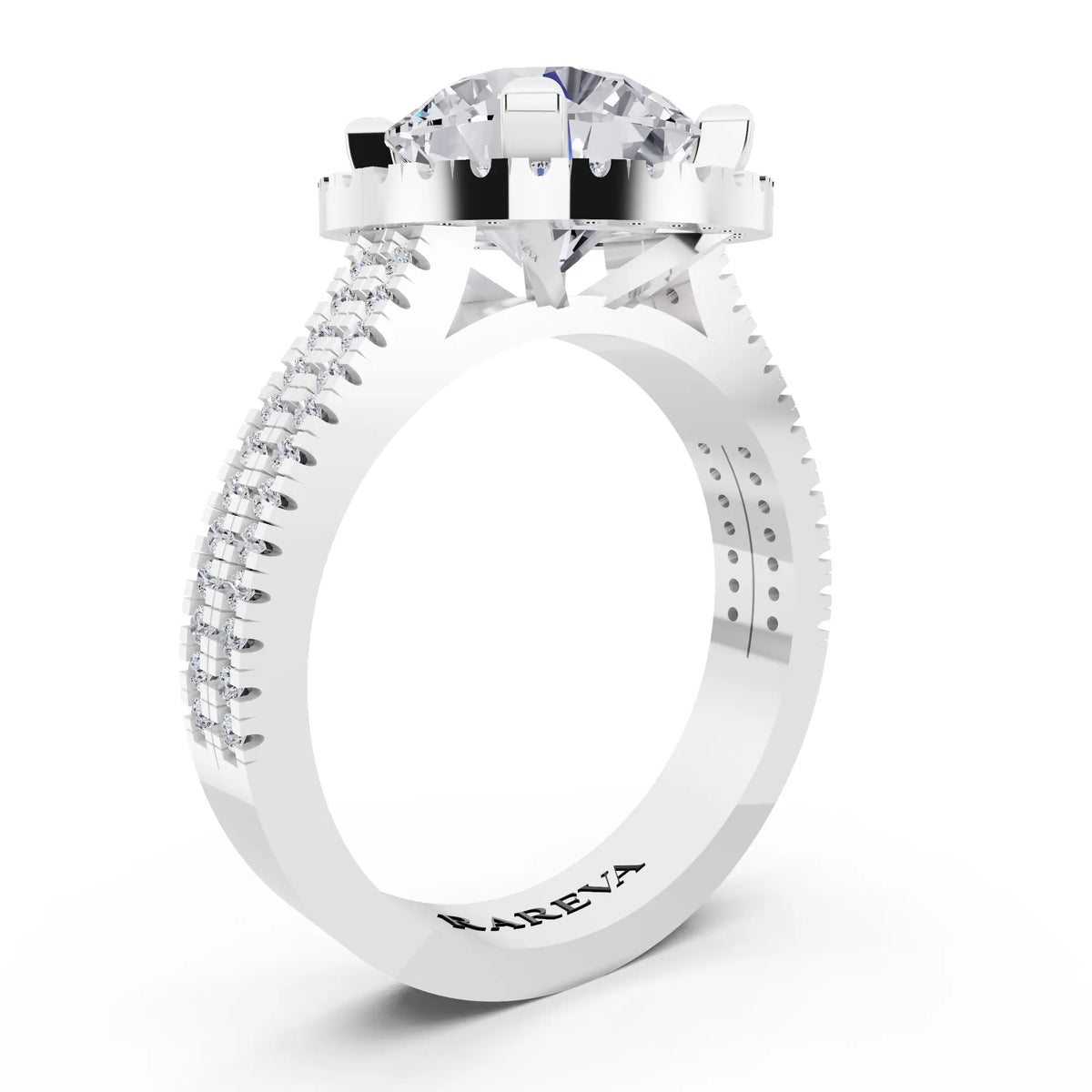 Platinum Round Cut Diamond Halo Ring with Twin Pave Band - top view
