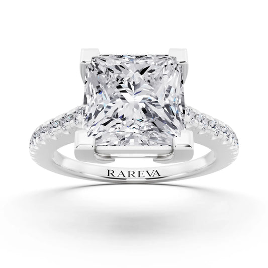 Platinum Princess Cut Diamond Claw Prong Solitaire Ring with French Pave Band - front view