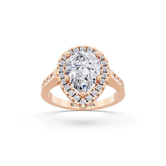 18 KT Rose Gold Pear Cut Diamond Halo Ring with Bezel Accent Band - front view