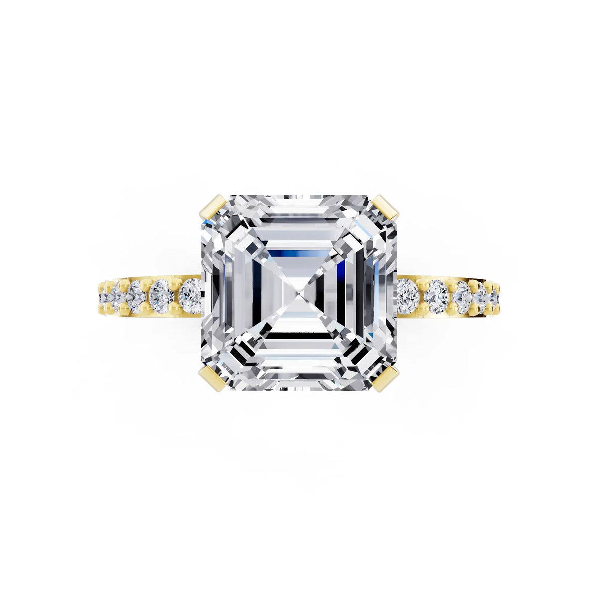 14 KT Yellow Gold Asscher Cut Diamond Solitaire Ring with Pave Shank - top angle