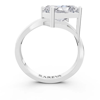 18 KT White Gold Radiant Cut Diamond Solitaire Ring with Bypass Band - Through