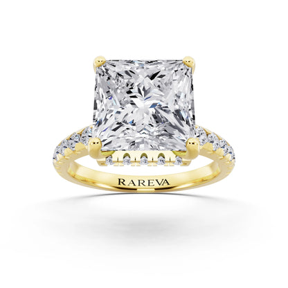 14 KT Yellow Gold Princess Cut Diamond Ring with Hidden Halo - front view