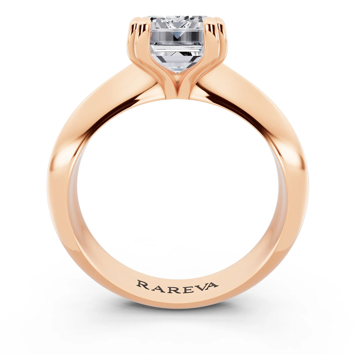 14 KT Rose Gold Emerald Cut Diamond Solitaire Ring with Knife Edge Band - through finger