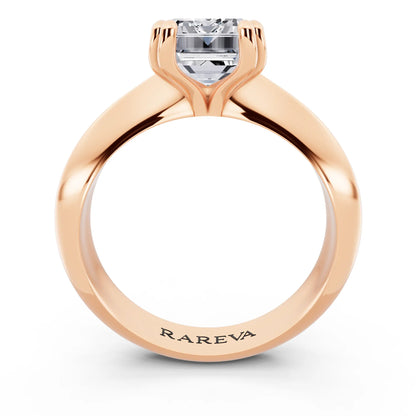 14 KT Rose Gold Emerald Cut Diamond Solitaire Ring with Knife Edge Band - through finger