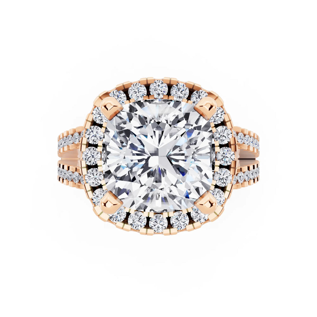 18 KT Rose Gold Cushion Cut Diamond Halo Ring with Pave Split Shank - top angle