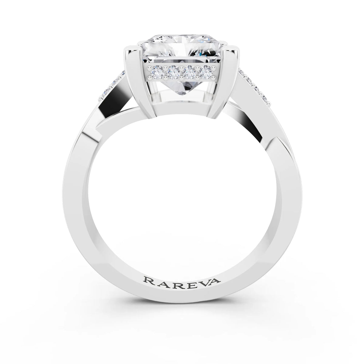 14 KT White Gold Radiant Cut Diamond Split Shank Engagement Ring with Hidden Halo - through finger