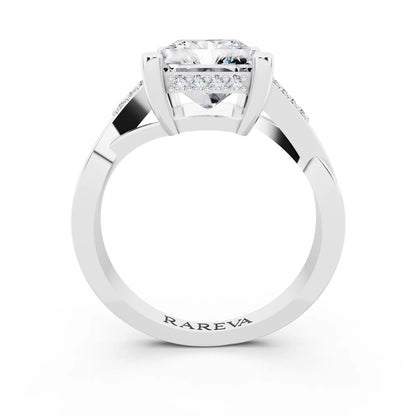 14 KT White Gold Radiant Cut Diamond Split Shank Engagement Ring with Hidden Halo - through finger