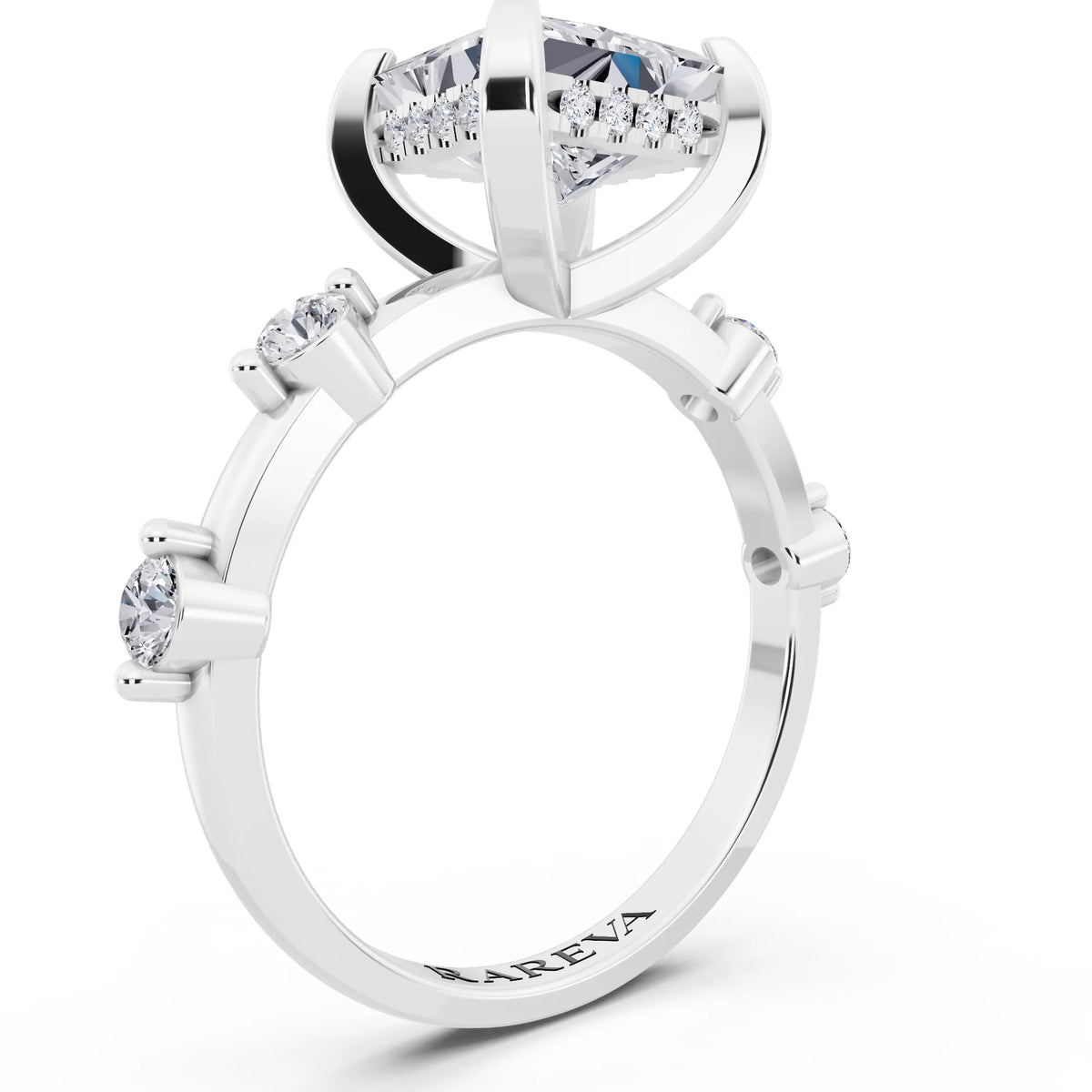 Platinum Princess Cut Diamond Solitaire Ring with Floating Diamond Accents - top view