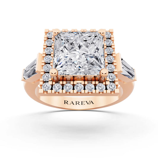 14 KT Rose Gold Princess Cut Diamond Halo Ring with Baguette Accents - front view