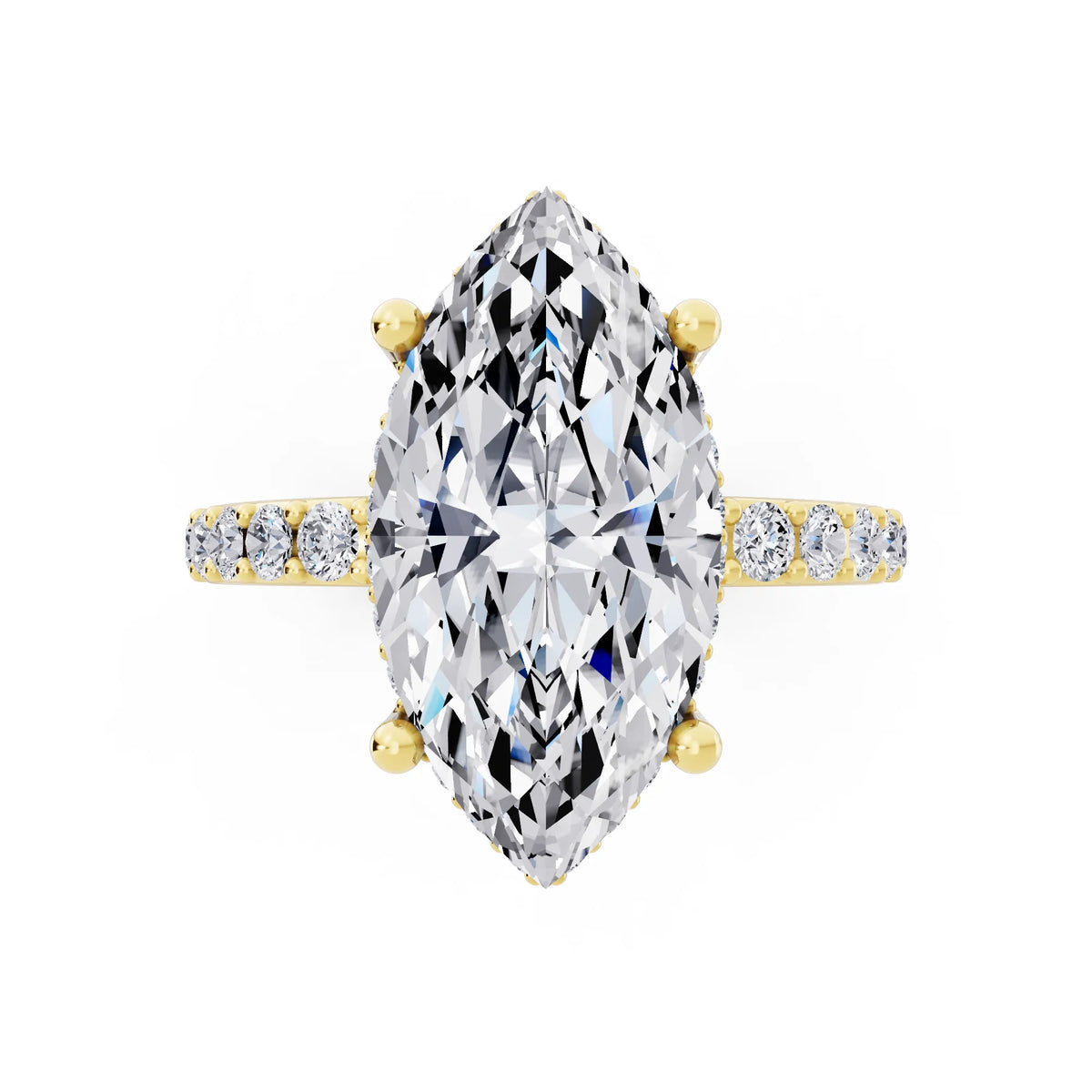 18 KT Yellow Gold Marquise Cut Diamond Solitaire Ring with Hidden Halo and Pave Band - top angle