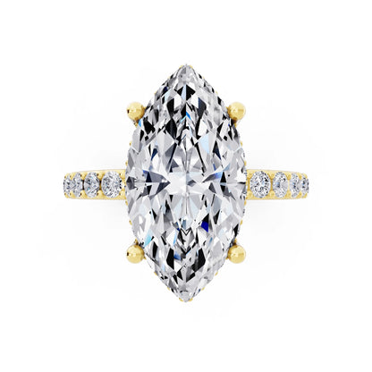 18 KT Yellow Gold Marquise Cut Diamond Solitaire Ring with Hidden Halo and Pave Band - top angle