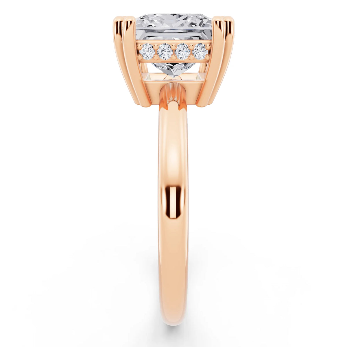 14 KT Rose Gold Princess Cut Diamond Solitaire Ring with Hidden Accent Basket - side view