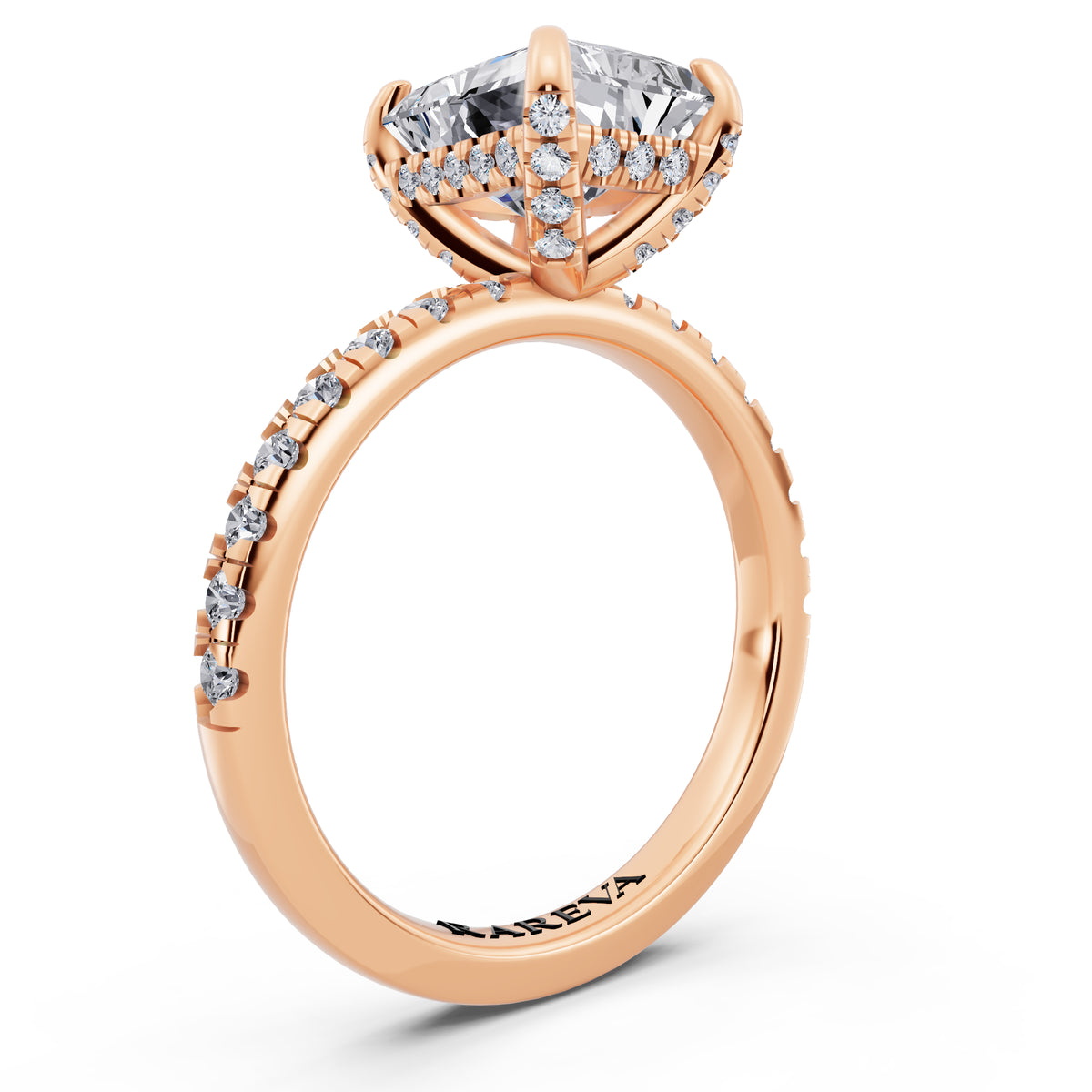 18 KT Rose Gold Radiant Cut Diamond Hidden Halo Ring with Pave Shank - top view