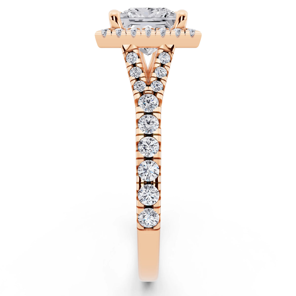 14 KT Rose Gold Princess Cut Diamond Halo Ring with Split Shank - side view