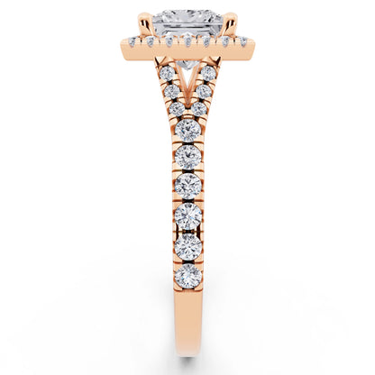 14 KT Rose Gold Princess Cut Diamond Halo Ring with Split Shank - side view
