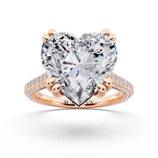 18 KT Rose Gold Heart Cut Diamond Hidden Halo Double Claw Pave Band Ring - front view