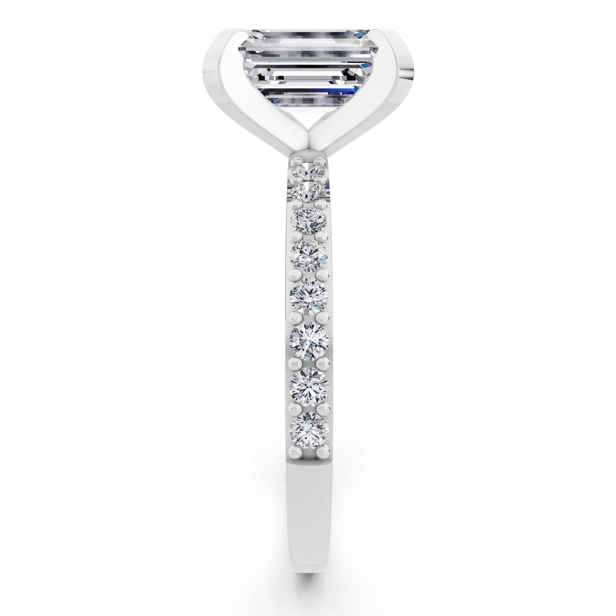 18 KT White Gold Emerald Cut Diamond Solitaire Ring with Pave Shank - side view