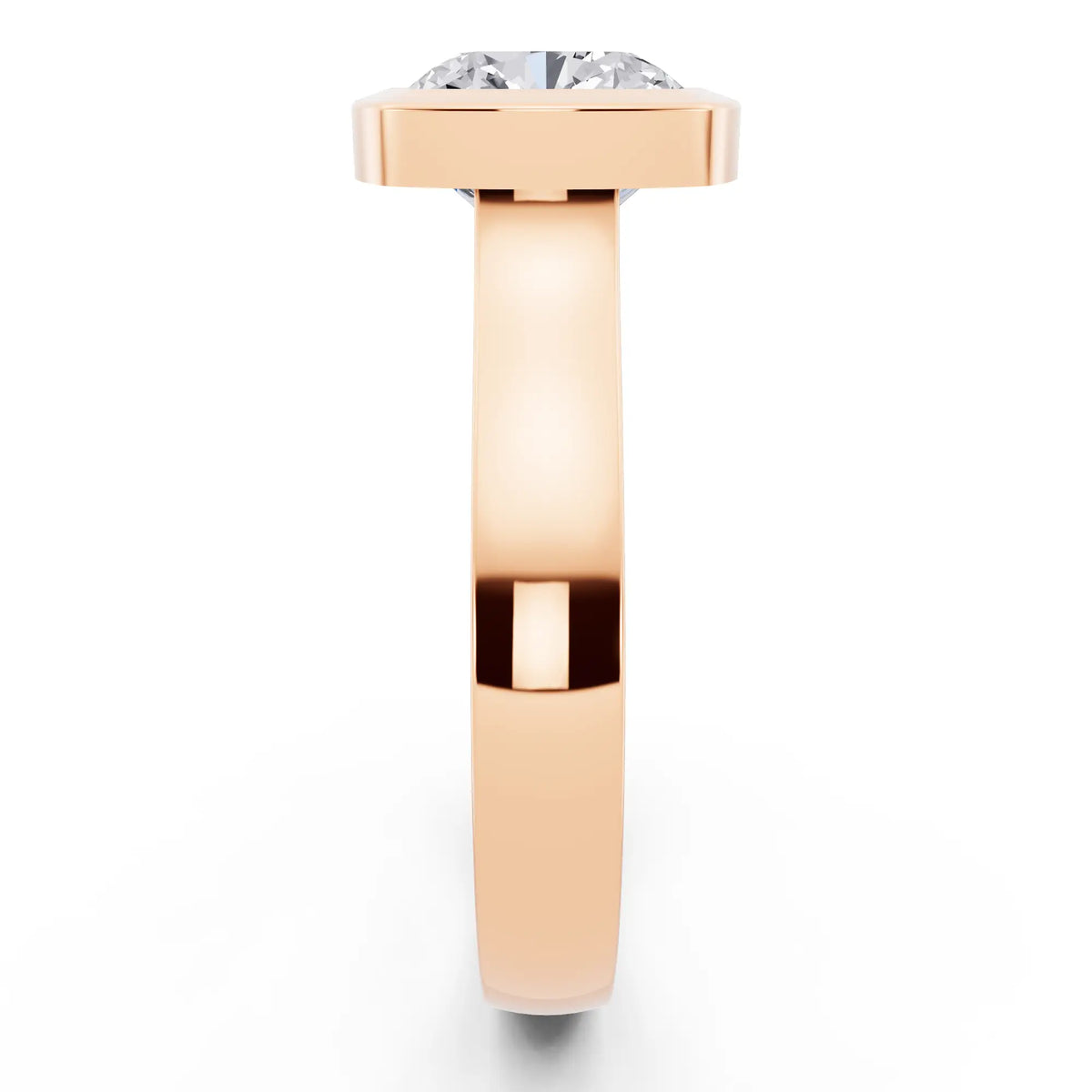 18 KT Rose Gold Cushion Cut Diamond Bezel Set Solitaire Ring - side view