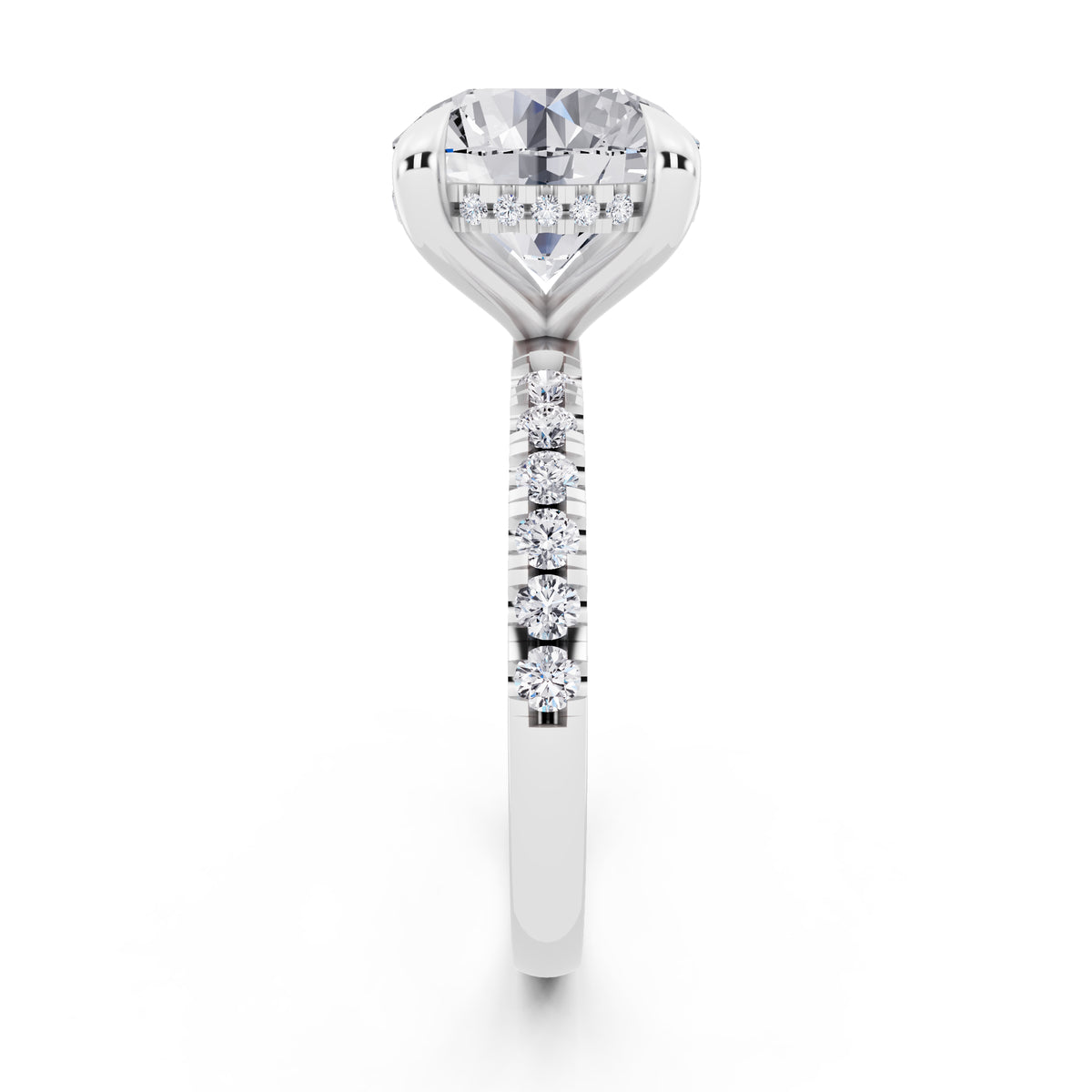18 KT White Gold Round Cut Diamond Solitaire Ring with Round Pavé Band and Prong Setting - side view