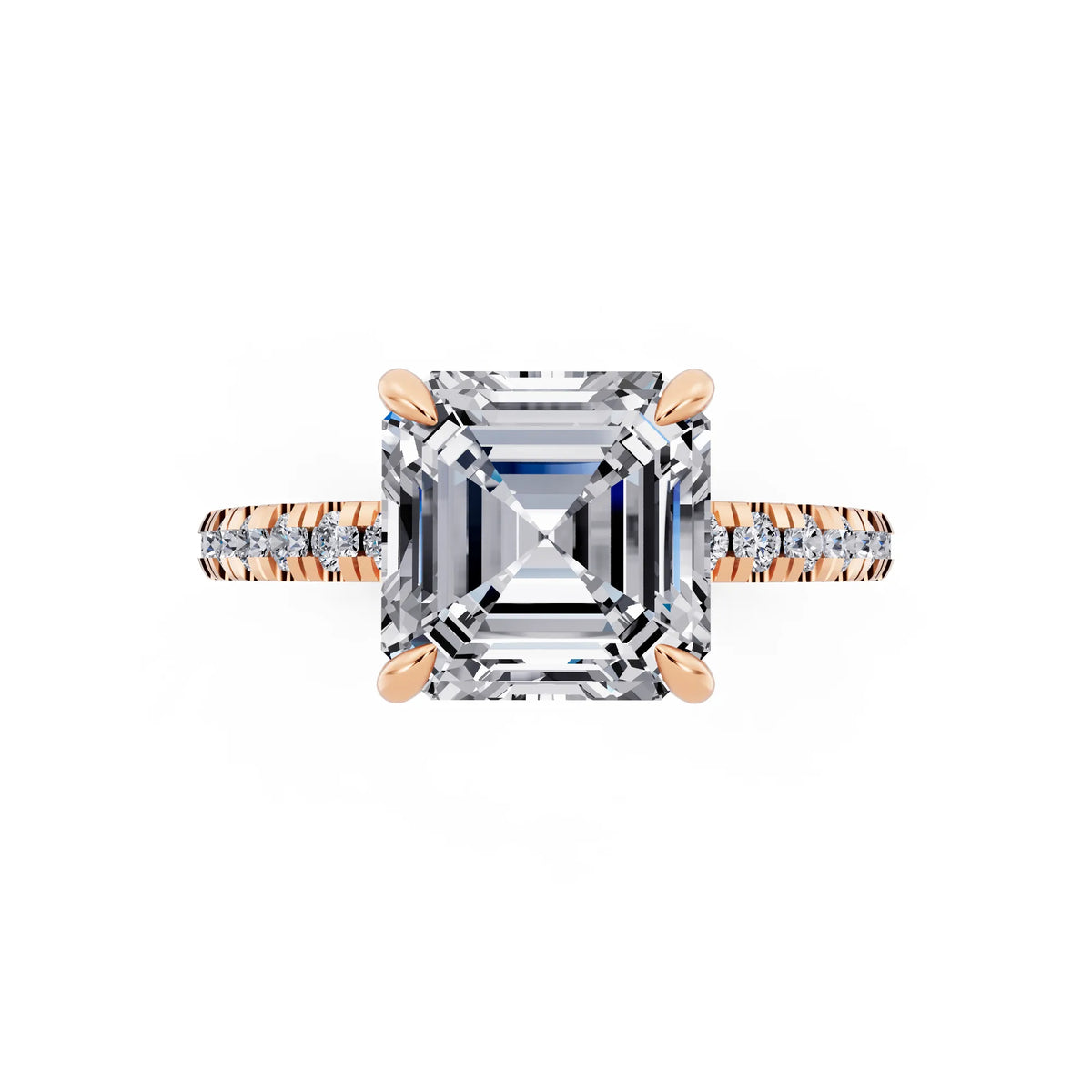 14 KT Rose Gold Asscher Cut Diamond Solitaire Ring with Marquise Collar - top angle
