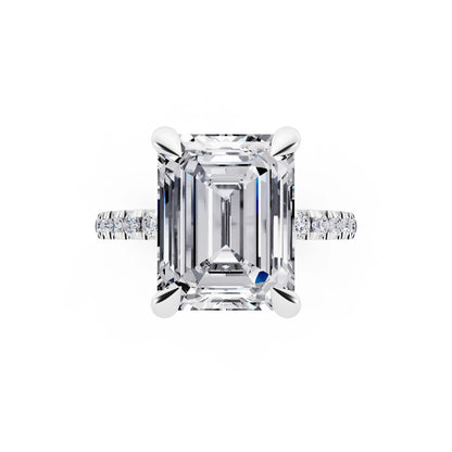 14 KT White Gold Emerald Cut Diamond Solitaire Ring with Round Pavé Band and Prong Setting - top angle