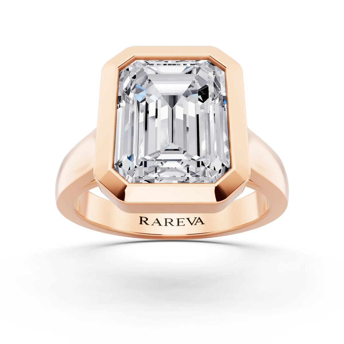 14 KT Rose Gold Emerald Cut Diamond Bezel Set Solitaire Ring - front view